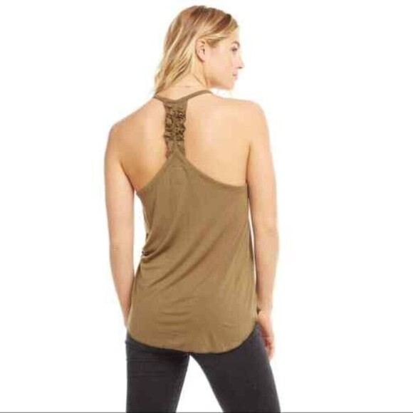 NWT CHASER Olive Green Ruffle Racerback Jersey Summer Tank Top Size Medium - Picture 2 of 6